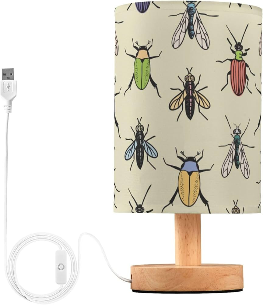 Table Lamp Colored Beetle Bugs Flies Pattern Nightstand Lamp with Wood Base Fabric Lamp Shade Bed... | Amazon (US)