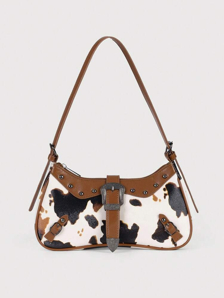 Women Shoulder Bag,Hobo Bag , Fashionable, Versatile, Street, Sweet And Cool Girls, Hot Girls,Y2k, Retro, Rivets, Vintage,Cow Print, Vintage Hardware Buckle,Teenagers,Adjustable Shoulder Strap Bag | SHEIN