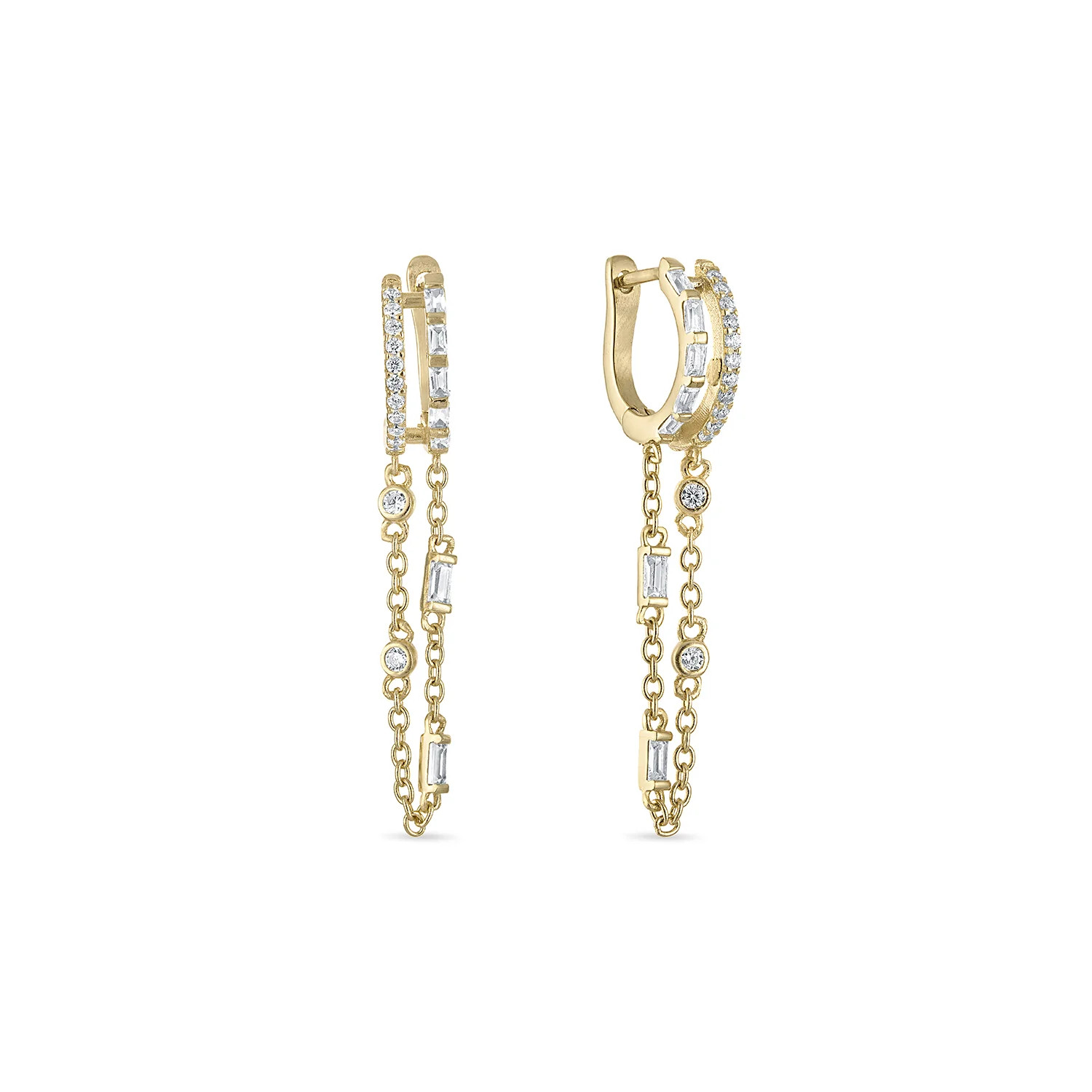 14k Gold Vermeil Baguette Double Chain Drop Huggie Earrings | Emily Volaski