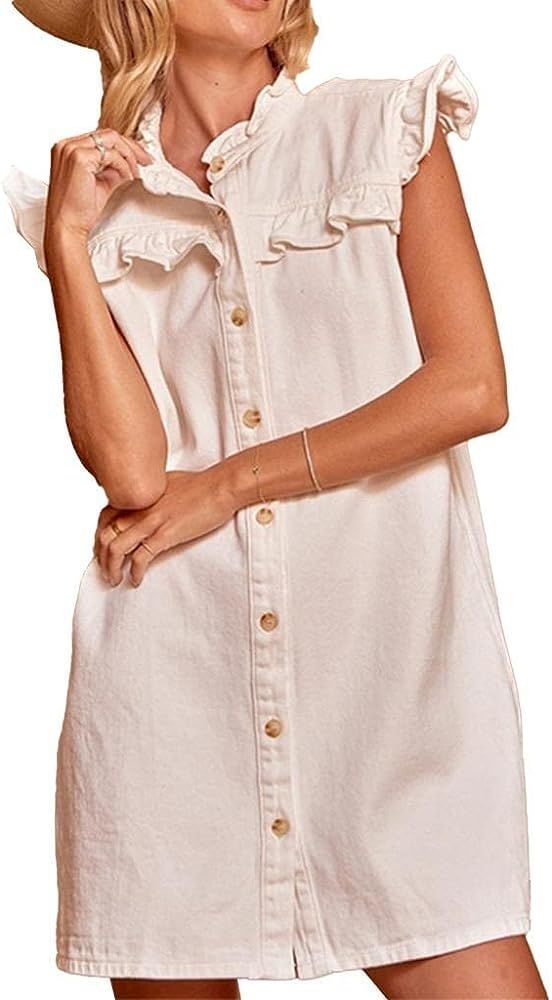 Women Denim Shirt Dress Sleeveless Babydoll Button Down Short Jean Dresses Summer Cute Ruffle Dre... | Amazon (US)