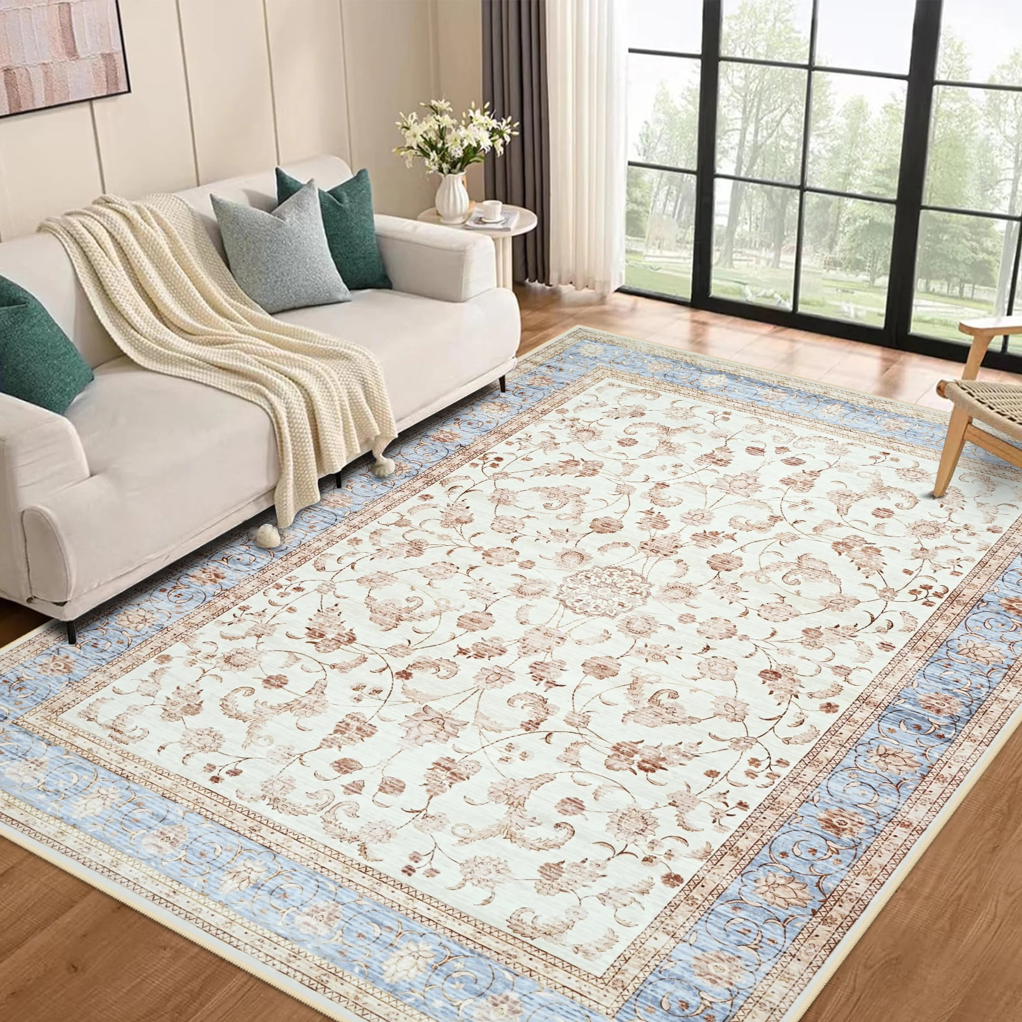 Astorug 4x6 Ft Beige Floral Area Rug - Machine Washable Low Pile Non-Slip Carpet, Boho Vintage Fa... | Walmart (US)
