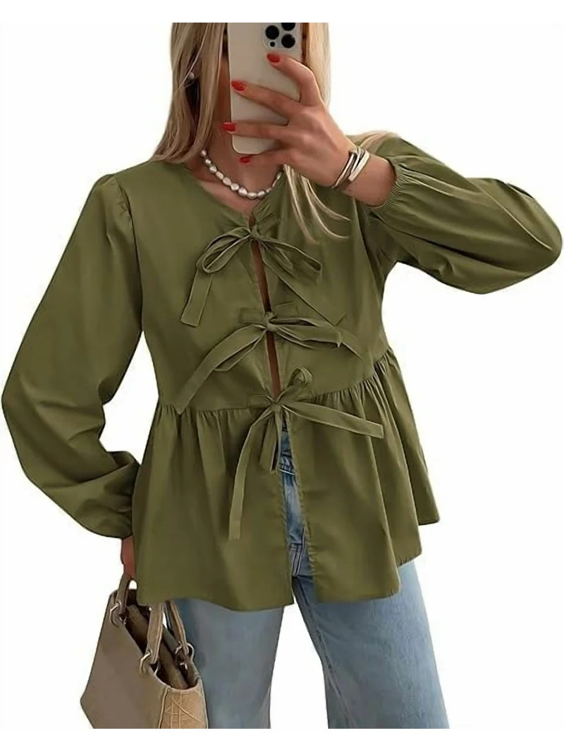 PRETTYGARDEN Women's Spring Fall Babydoll Peplum Blouse Shirt Puff Long Sleeve Bow Tie Front Tren... | Walmart (US)