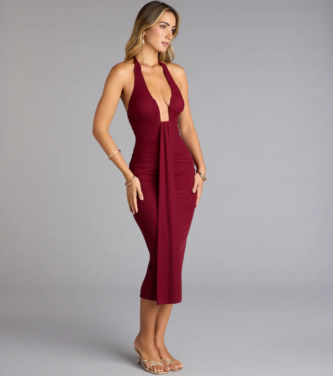 Autumn Affair Plunge Halter Midi Dress | Windsor Stores