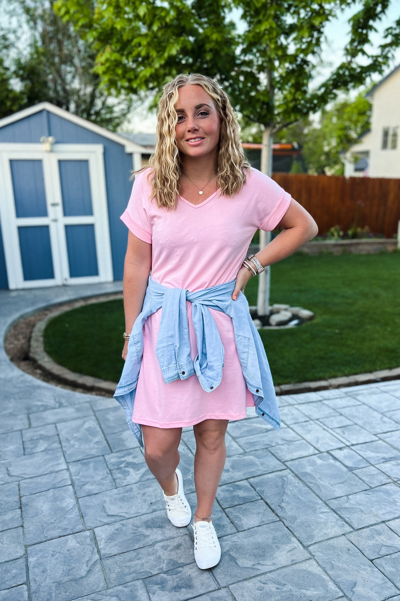 pink t shirt dress outfit 3 SIMPLE WAYS TO STYLE A TEE SHIRT DRESS IN THE FALL