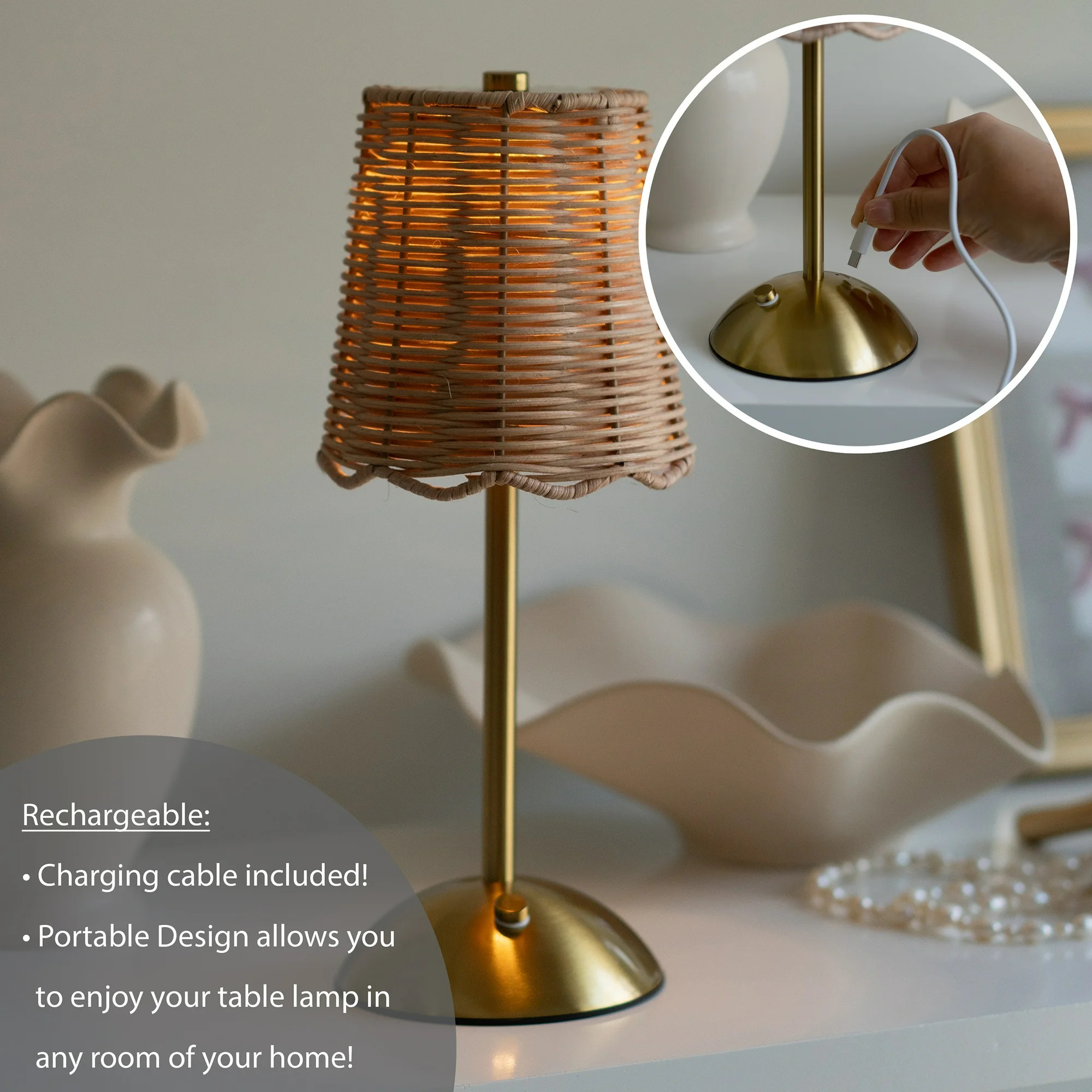 Home Decor Collection Sterling & Noble Home Cordless Indoor Rattan and Gold Colored Table Lamp wi... | Walmart (US)