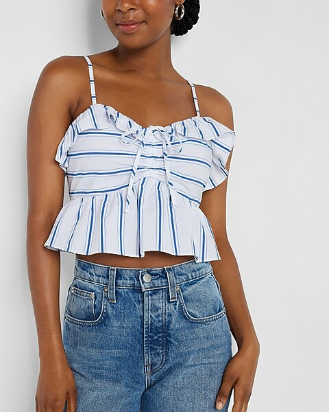 Blue Striped Tie Ruffle Peplum Cropped Cami | Express