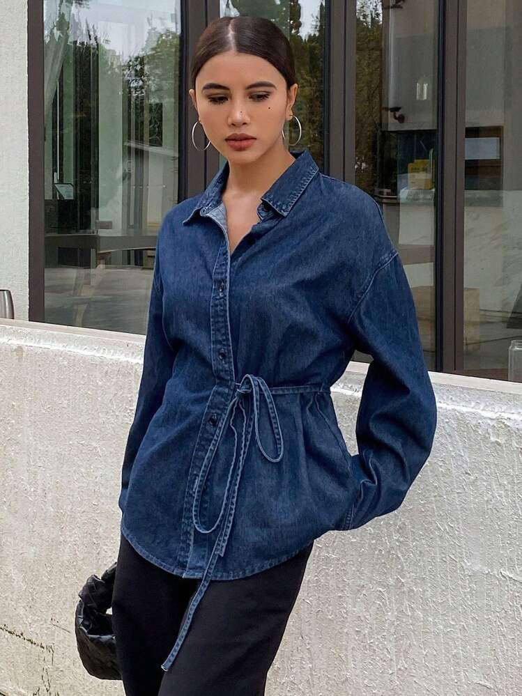 Livesso Women's Western-Style Casual Solid Color Tie Loose Lapel Long Sleeve Denim Jacket, Suitable For Spring & Summer | SHEIN