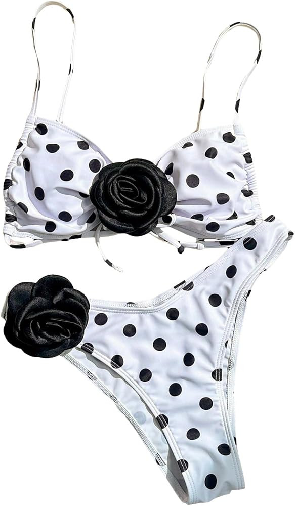 OYOANGLE Women's 2 Piece 3D Rose Bikini Swimsuit Spaghetti Strap High Waisted Bathing Suit Beachw... | Amazon (US)