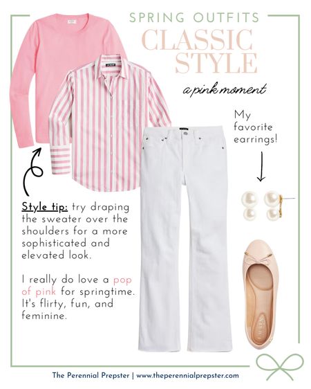Classic style spring outfit - pretty in pink! A fun, flirty, and feminine spring outfit with pink striped blouse and white pants. Paired with double ocean drop pearl earrings and light pink ballet flats. Preppy style, preppy outfit, mom style, timeless style, JCrew, Talbots, KJP 

#LTKSeasonal #LTKFind #LTKstyletip
