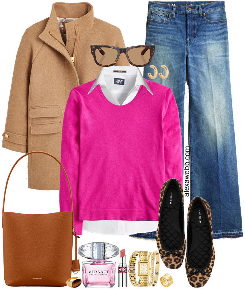 Plus Size Pink Sweater Preppy Outfits - A plus size casual outfit with a plus size bright pink sweater layered over a white shirt, wide leg jeans, leopard flats, and a camel wool coat. A cute, preppy, and bright plus size outfit for casual days this winter into spring. Alexa Webb #plussize 

 #LTKOver40 #LTKMidsize #LTKPlusSize