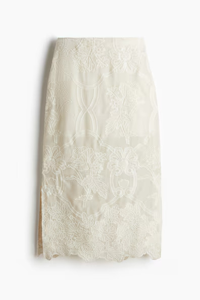 H & M - Embroidered pencil skirt - Beige | H&M (UK, MY, IN, SG, PH, TW, HK)