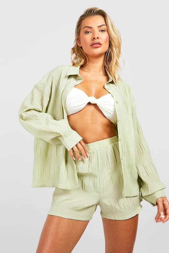 Shirred Crinkle Shirt & Short Beach Co-ord | Boohoo.com (UK & IE)
