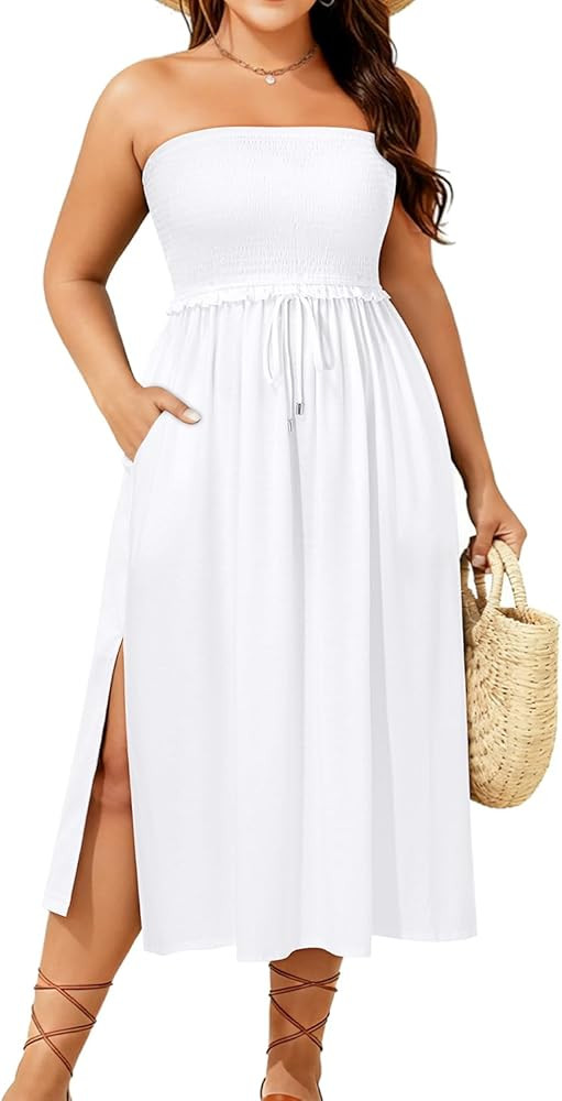 Plus Size Swimsuit Cover Up - Strapless Smocked Women Midi Swimwear Coverup with Pockets | Amazon (US)