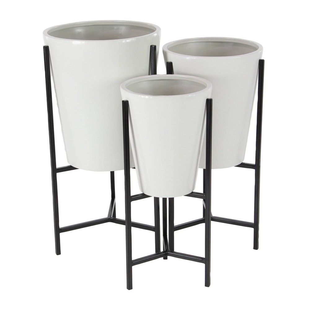 Set of 3 Cylindrical Metal Planter with Stand White/Black - Olivia & May | Target