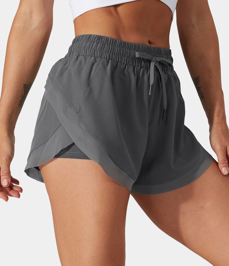 Drawstring Contrast Flowy Mesh 2-in-1 Shorts | HALARA