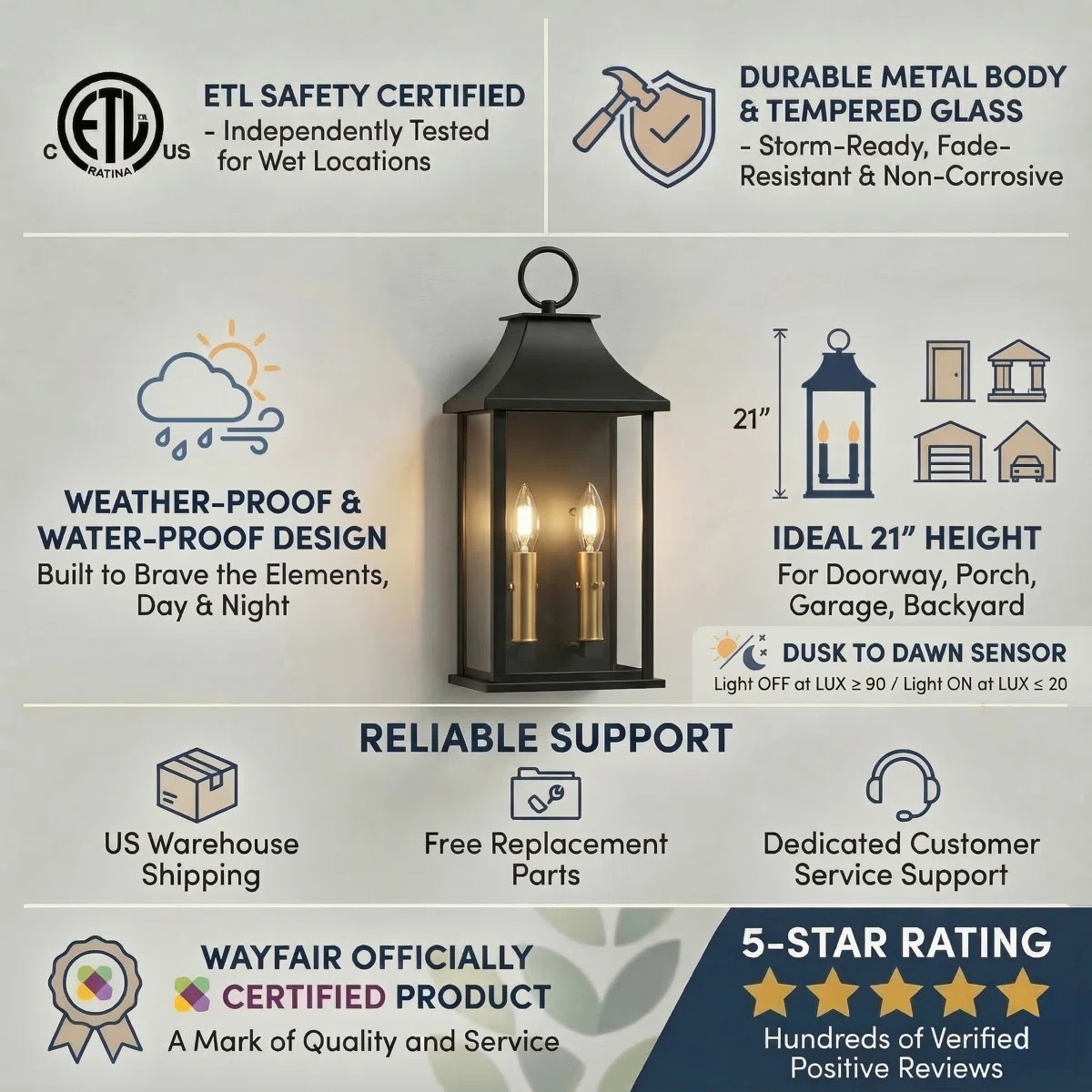 Alletta 2 - Light 21''H Black and Gold Aluminum Tempered Glass ETL Outdoor Wall Light with Dusk t... | Wayfair North America