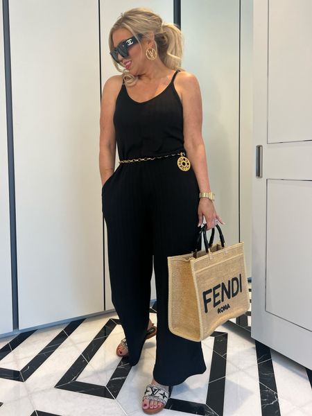 Vacation Outfit
Black Ribbed Cami Wide Leg Jumpsuit - Wearing a S - comes in 5 colors
Fendi Sunshine Raffia Tote Dupe - This is so cute for summer and great quality!
Louis Vuitton Sandal Dupes

#LTKfindsunder100 #LTKfindsunder50 #LTKover40