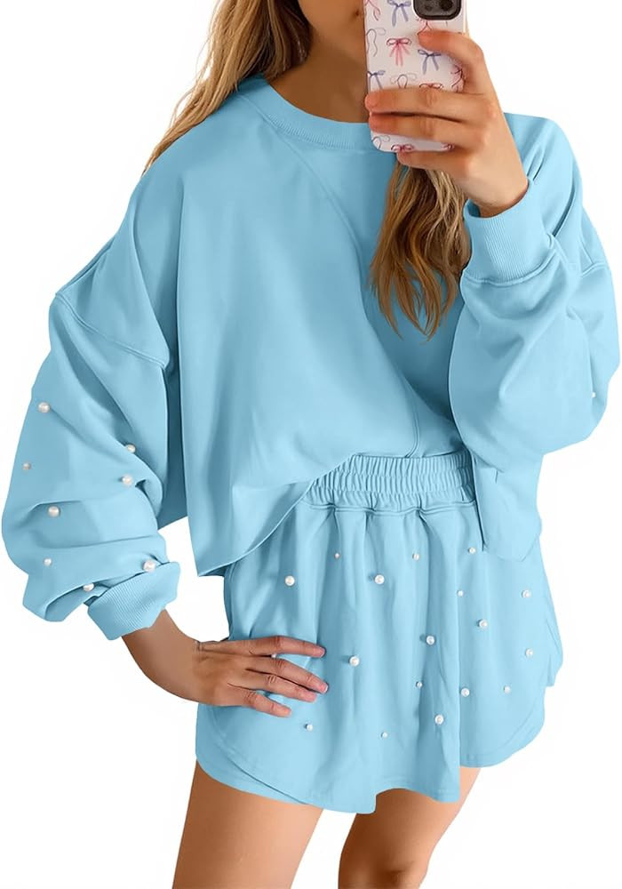 Fisoew Womens Lounge Sets 2 Piece Outfits Decor Pearl Long Sleeve Sweatshirt Skort Skirt Tracksui... | Amazon (US)