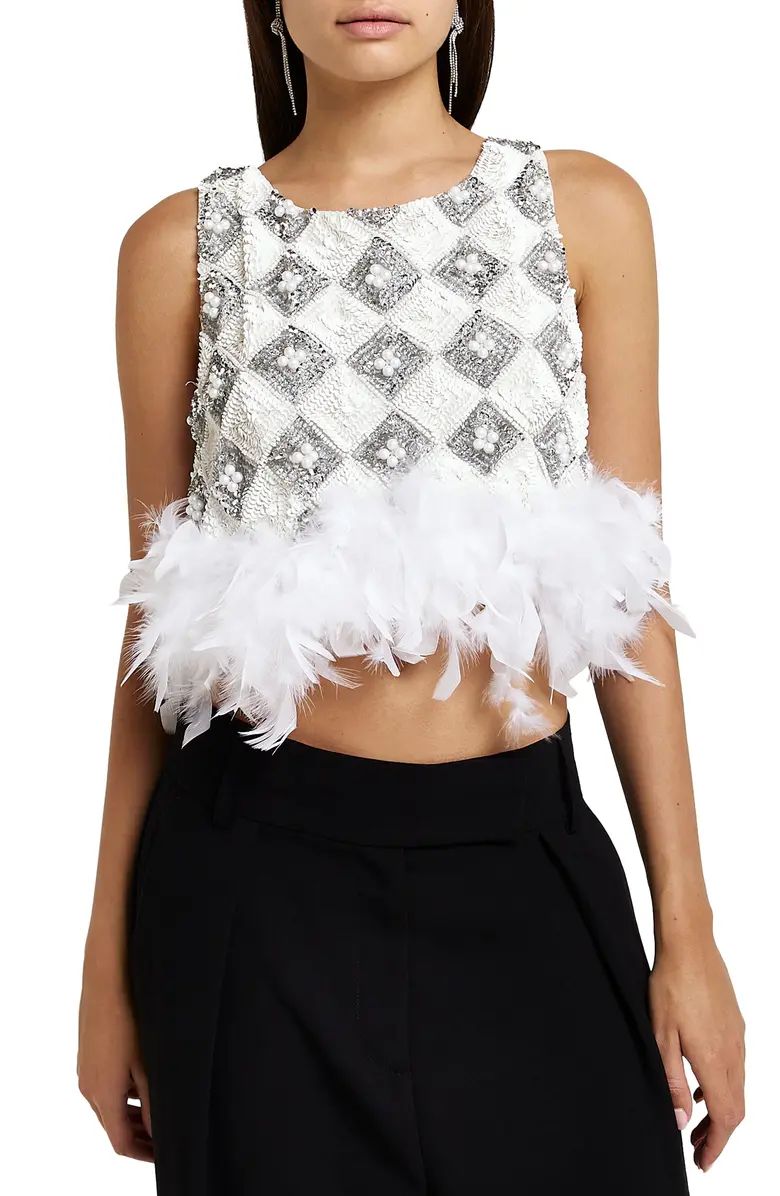 Sleeveless Sequin Faux Feather Trim Crop Top | Nordstrom
