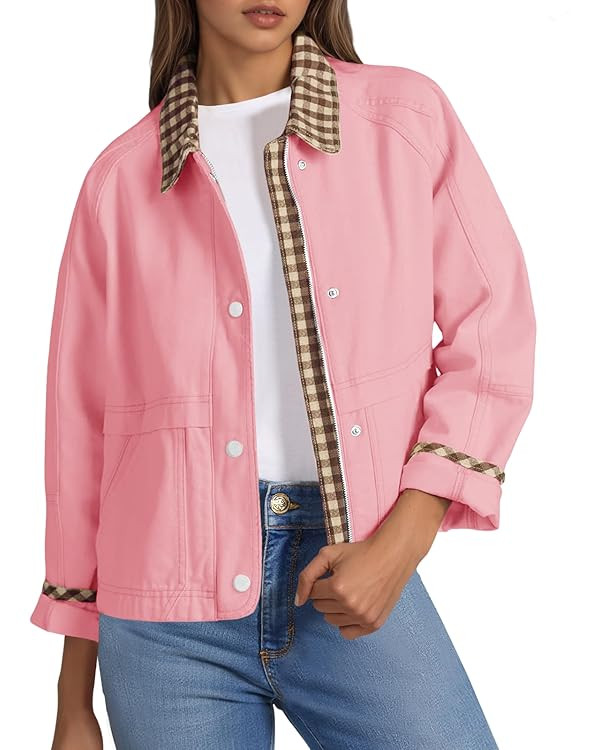 Tankaneo Womens Cropped Jacket Lightweight Casual Zip Up Barn Jackets Fall Contrast Plaid Outerwe... | Amazon (US)