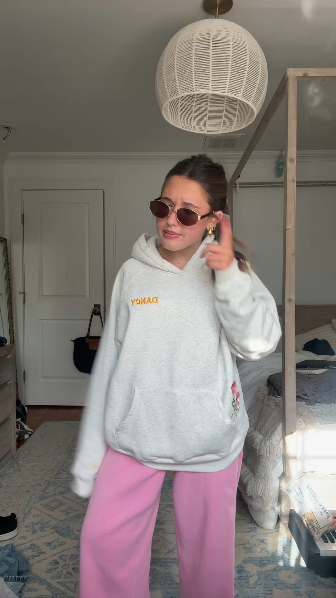 sweatshirt: dandy
sweatpants: hazel boutique
sunglasses: cider
earrings: amazon
