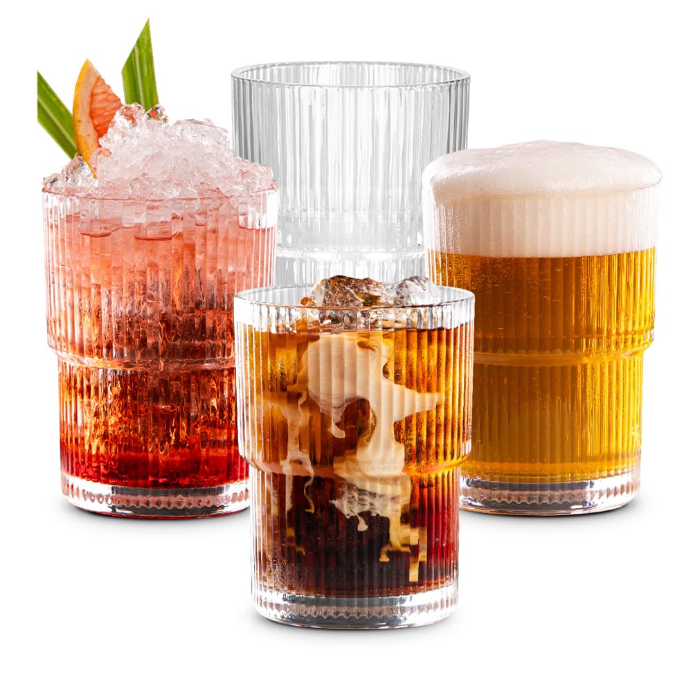 Combler Ribbed Glasses Drinking Set of 4, 14 oz Ribbed Drinking Glasses, Ribbed Glass Cups, Flute... | Amazon (US)