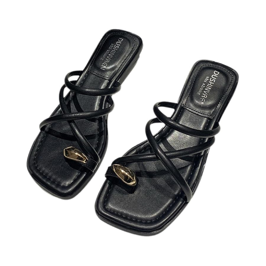 Women's Leather Strappy Metal Toe Ring Slides Sandals Fashion Comfortable Open Square Toe Slip On... | Amazon (US)