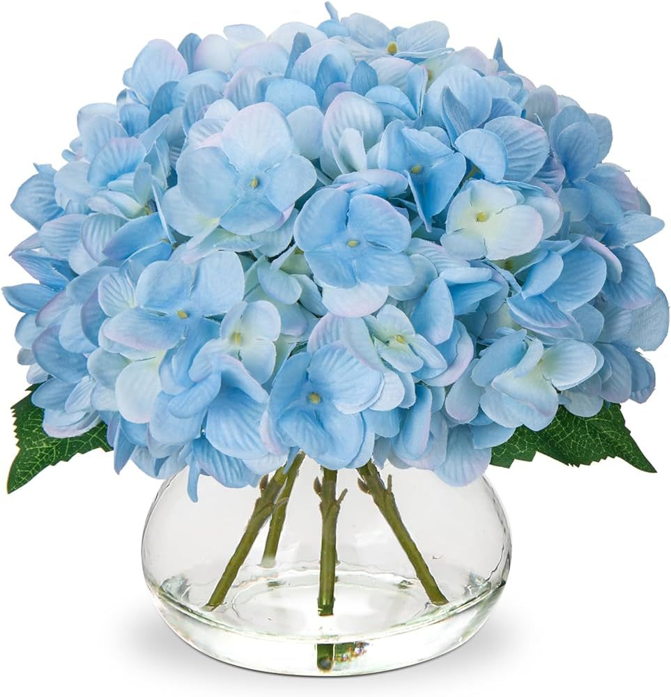 Hollyone Hydrangea Artificial Flowers with Vase Blue Silk Fake Flowers Arrangements in Glass Vase... | Amazon (US)