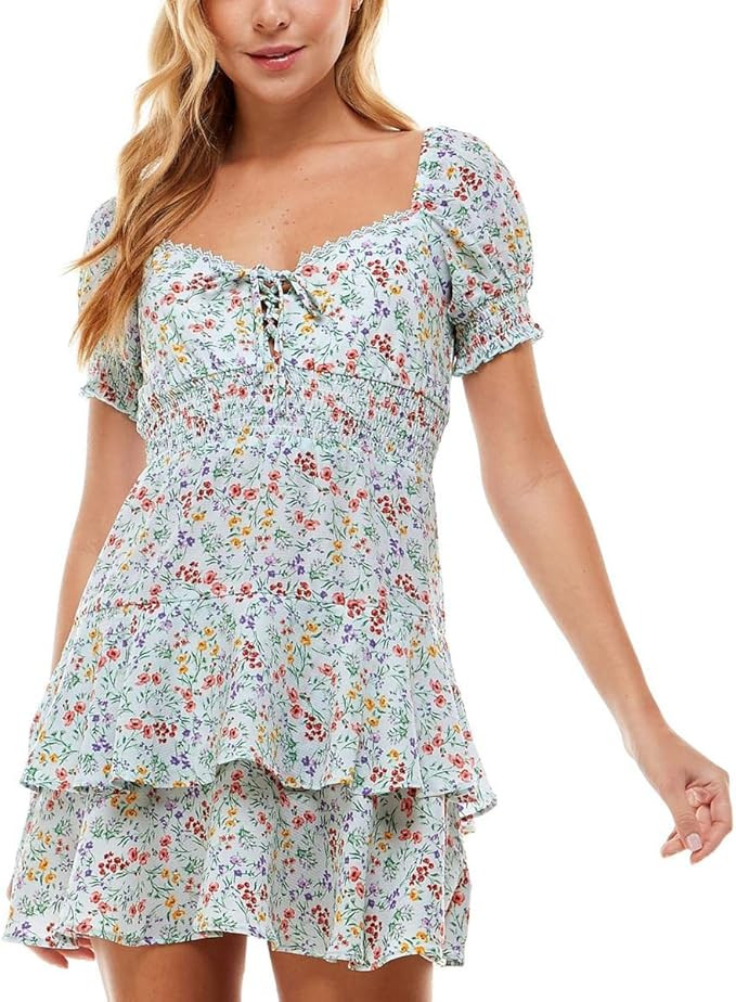 City Studio Womens Juniors Floral Smocked Fit & Flare Dress Blue L | Amazon (US)