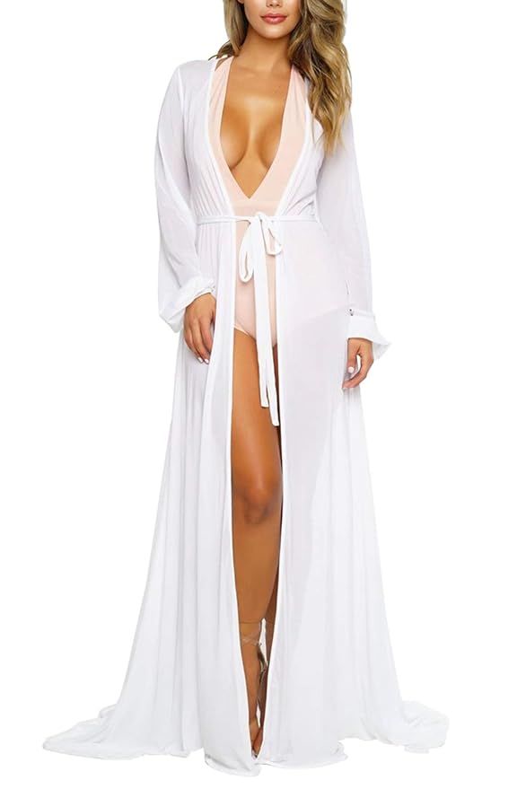 Cutiefox Women's Mesh Long Sleeve Tie Front Bikini Cover up Beach Maxi Dresses | Amazon (US)