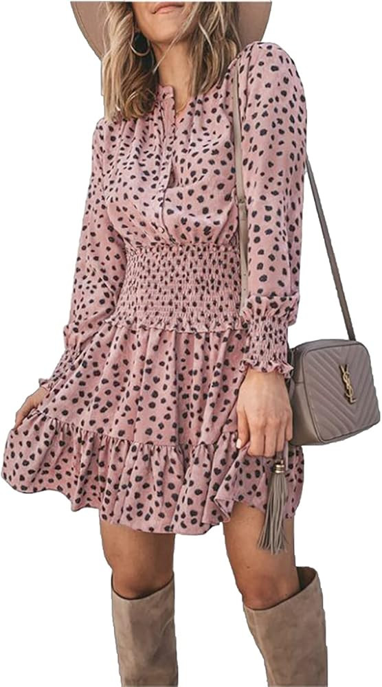 PRETTYGARDEN Women's Long Sleeve Ruffle Casual Boho Button Down Elastic Waist Mini Short Shirt Dr... | Amazon (US)