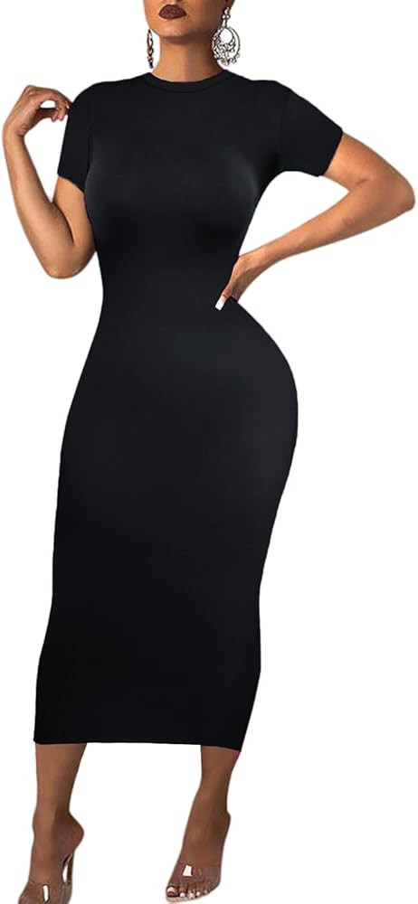 Women's Long Bodycon Dress - Summer Casual Short Sleeve Midi Club Party Fitted Tight Dresses | Amazon (US)