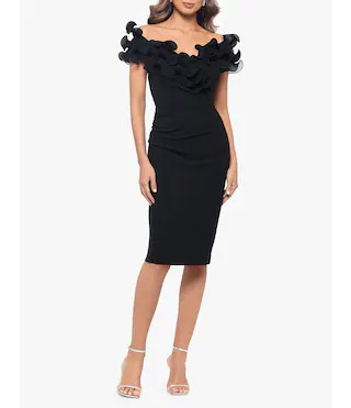 Scuba Crepe V-Neck Sleeveless Wire Ruffle Trim Ruched Back Dress | Dillard's