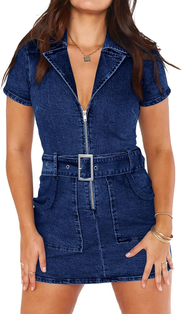 Wenrine Womens Summer Denim Dresses Bodycon Zipper Front Belted Sexy Mini Casual Dress with Pocke... | Amazon (US)