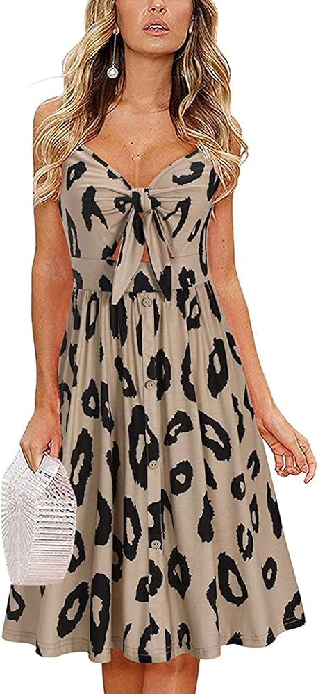 ECOWISH Women Dresses Summer Tie Front V-Neck Spaghetti Strap Button Down A-Line Backless Swing M... | Amazon (US)