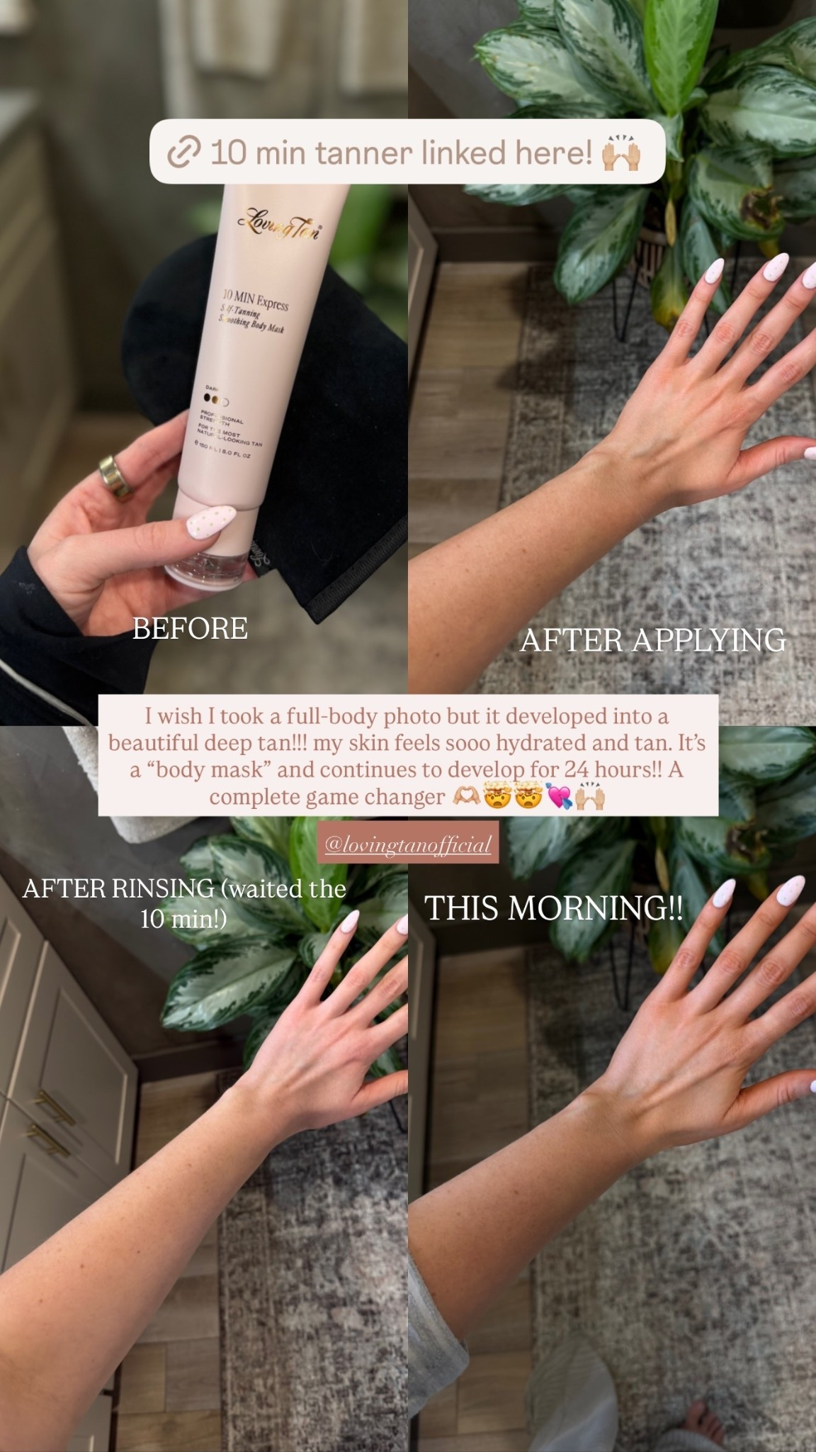 BEFORE AFTER APPLYING AFTER RINSING (waited the 10 min!) THIS MORNING!! I wish I took a full-body photo but it developed into a beautiful deep tan!!! my skin feels sooo hydrated and tan. It’s a “body mask” and continues to develop for 24 hours!! A complete game changer 🫶🏼🤯🤯💘🙌🏼 @lovingtanofficial