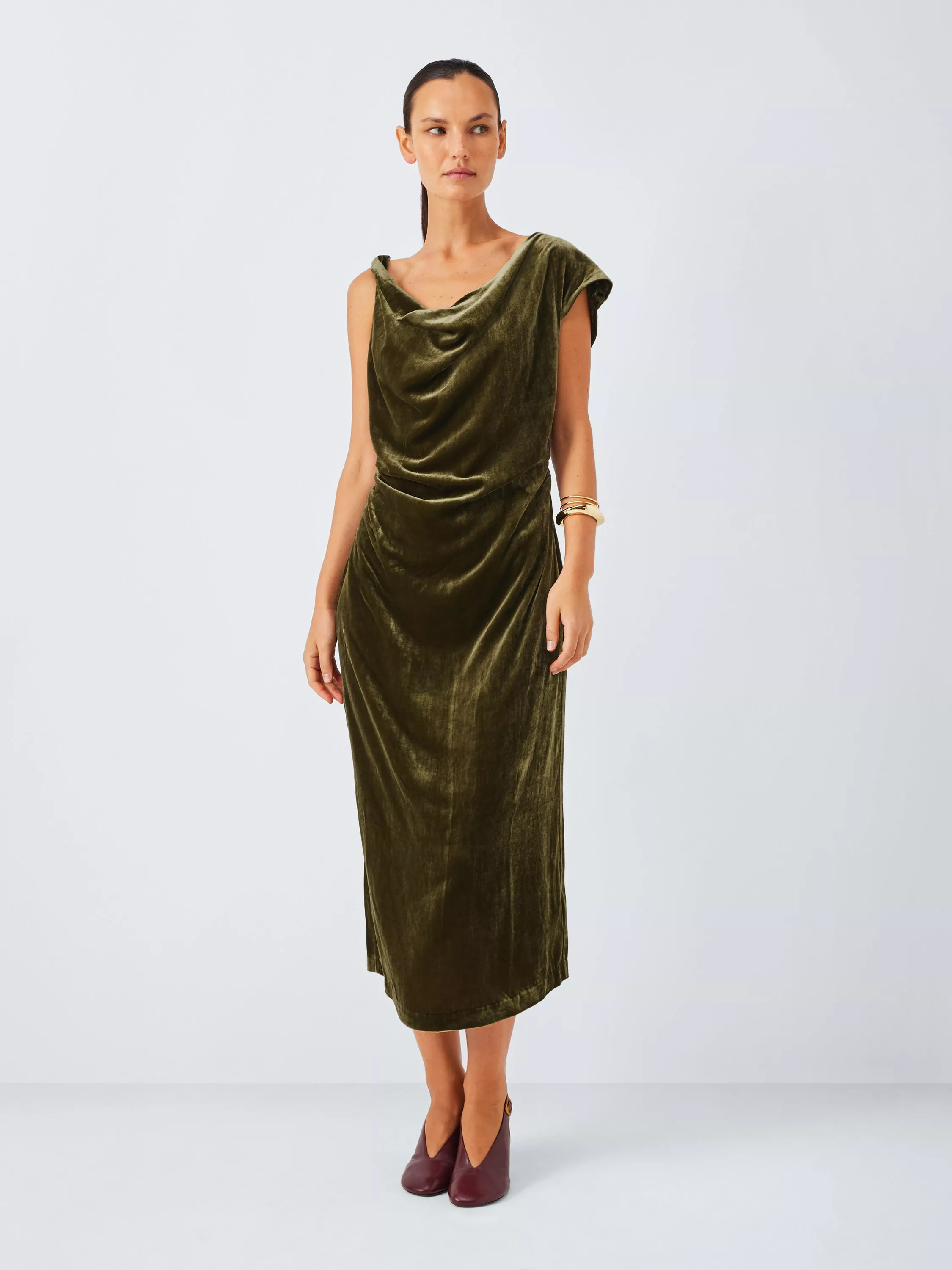 John Lewis Sleeveless Drape Velvet Midi Dress, Olive | John Lewis (UK)