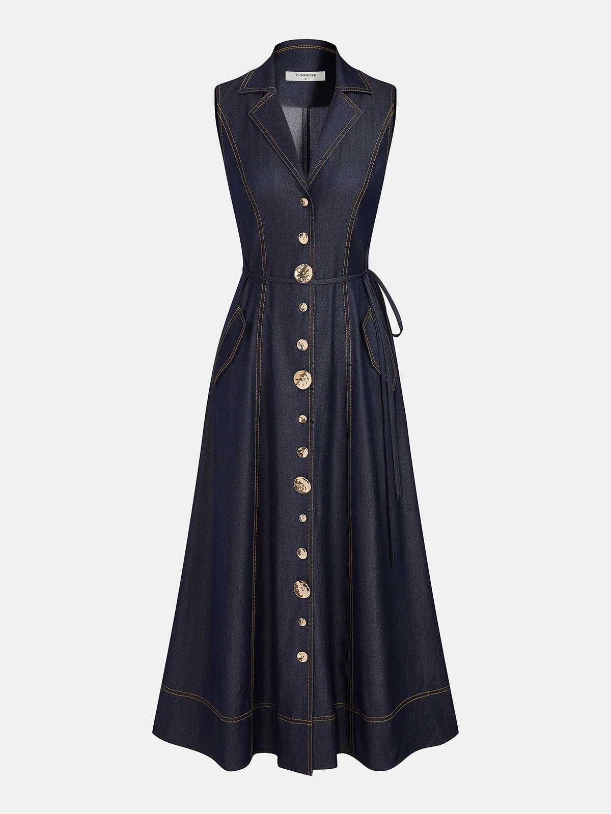 Sleeveless Button Down Belted Denim Maxi Dress | Commense