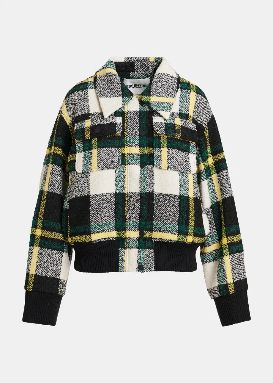 Black, off-white and yellow checked bomber jacket with detachable faux fur collar | Essentiel Ant... | Essentiel Antwerp
