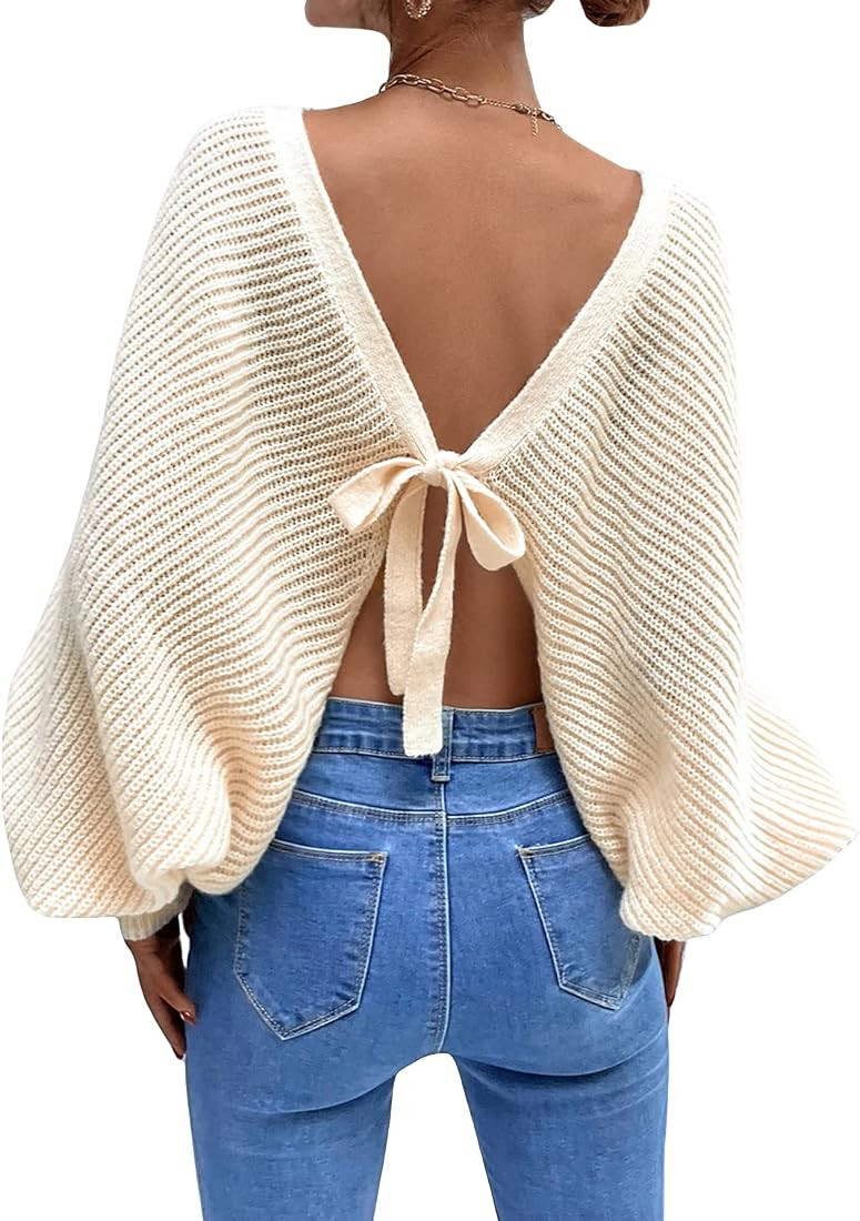 SOLY HUX Women's Backless Tie Back Long Sleeve Boat Neck Sweater Pullover Tops | Amazon (US)