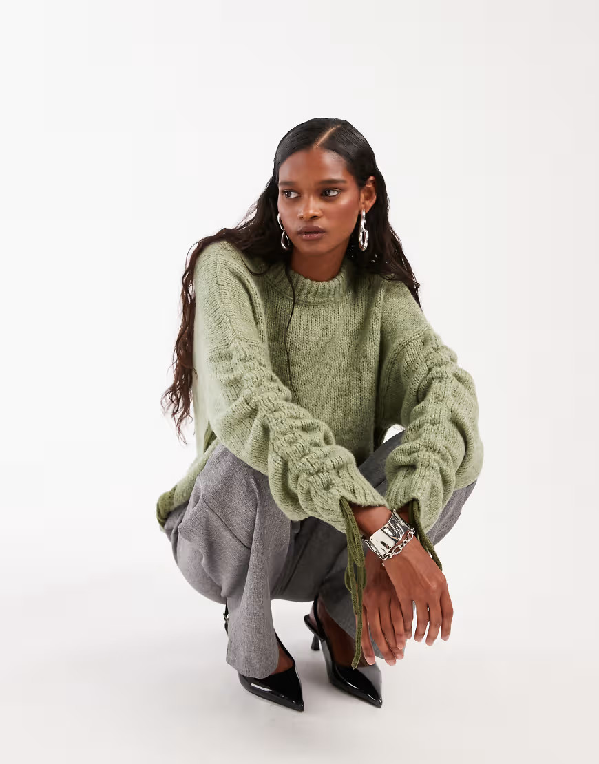 ASOS DESIGN ruched sleeve sweater in green | ASOS (Global)