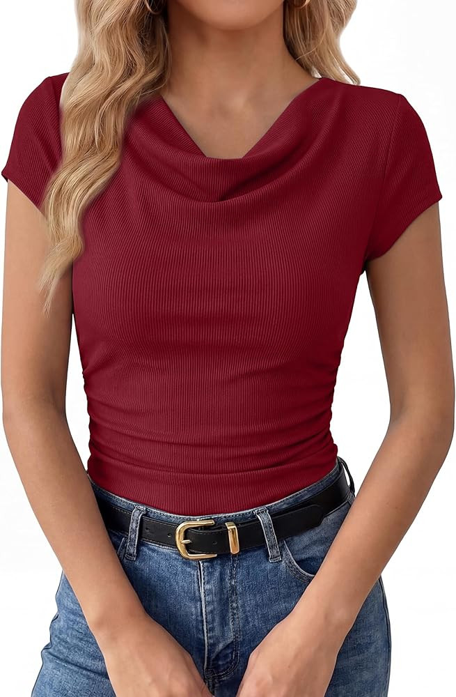 Womens Summer Tops Cowl Neck Short Sleeve Ruched T-Shirts Ribbed Knit Fitted Shirts Business Casu... | Amazon (US)