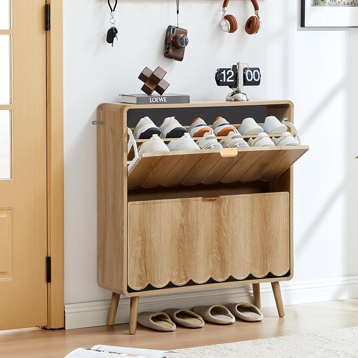 Shoe Storage Cabinet for Entryway with 2 Flip Drawers, Freestanding Narrow Wood Shoe Cabinet with... | Amazon (US)