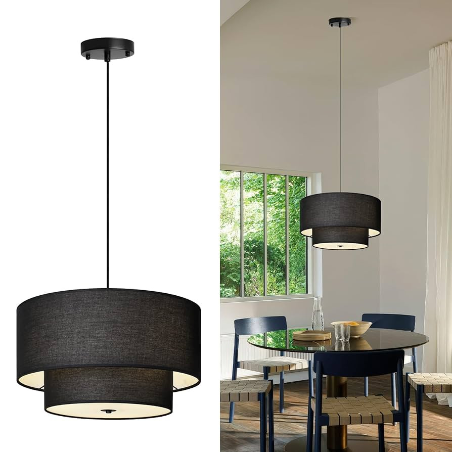 18" Drum Black Pendant Light, Large Modern Hanging Ceiling Chandelier Fixture with Dual Layer Lin... | Amazon (US)
