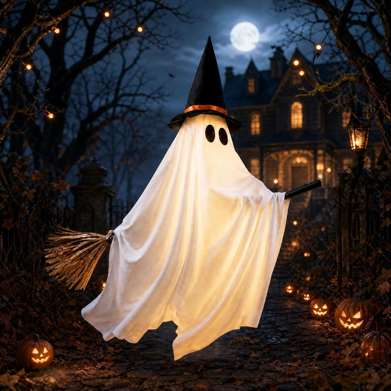 Halloween Deko Gespenster, 120CM LED Hänge Geist, Auf Einem Besen Reiten | Amazon (DE)