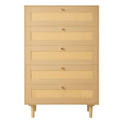 5 Drawer Rattan Dresser with Wooden Legs, Natural Rattan Chest of Drawers, Storage Organizer for Bedroom, Living Room, Hallway | Target