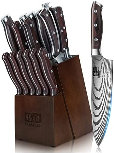 SHAN ZU Knife Set 16 pcs, Japanese Kitchen Knife with Block High Carbon Stainless Steel Ultra Sha... | Amazon (US)