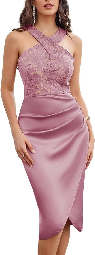 GRACE KARIN Women's Semi Formal Wedding Guest Dresses Lace Satin Halter Cocktail Dresses for Even... | Amazon (US)