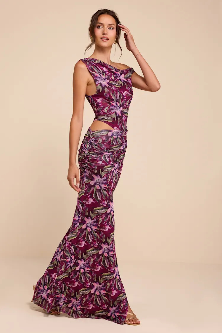 Veya Purple Multi Floral Mesh Asymmetrical Maxi Dress | Lulus