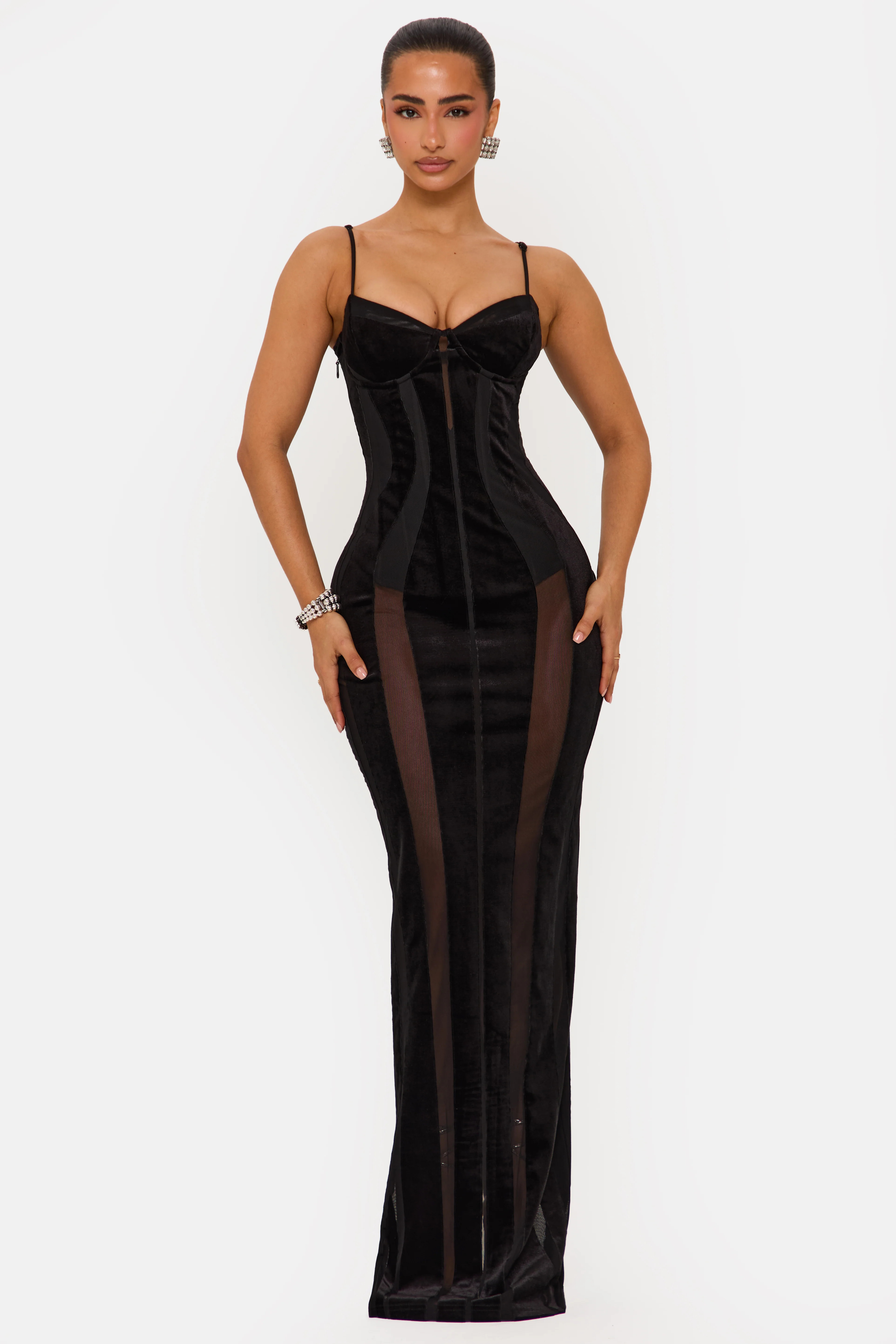 SCANDAL BLACK VELVET PANELLED MAXI DRESS | Murci